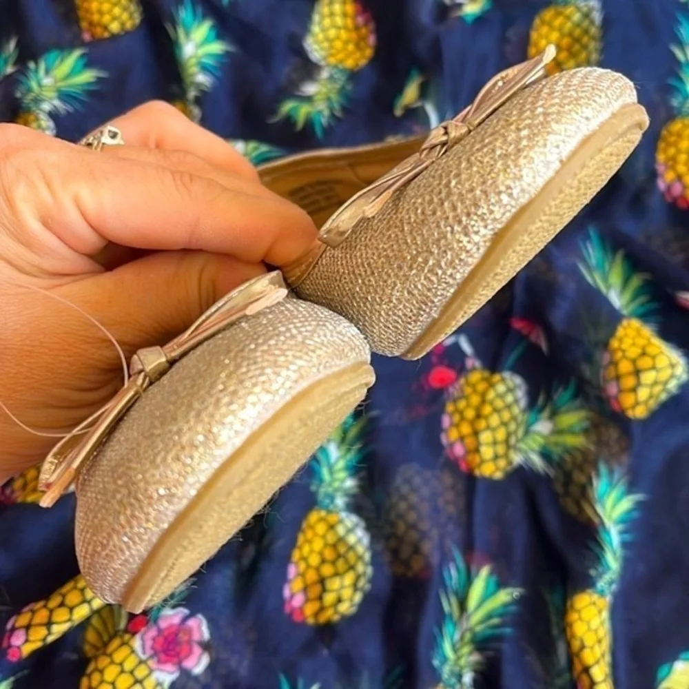 Brand New SO Glittery Gold Slip On Flats Bows Sparkly Shoes Memory Foam Sock